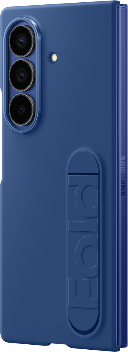 Una custodia blu per telefono con un supporto con la scritta "Fold". Ha tre obiettivi e un logo Samsung.