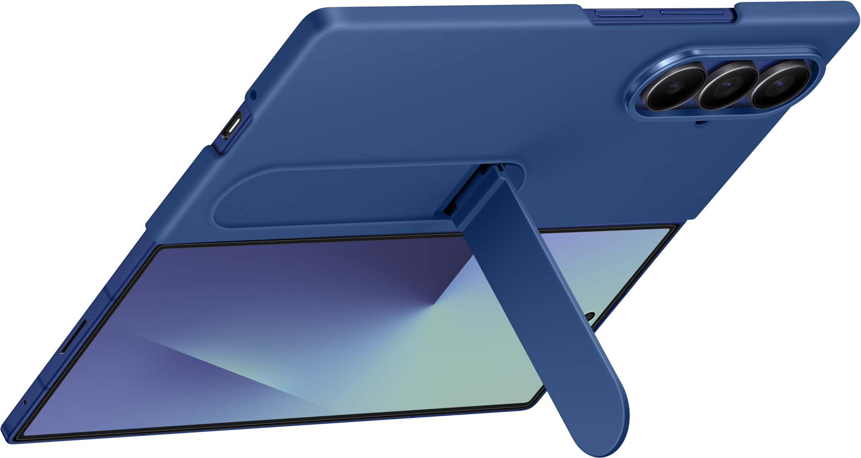 Una custodia blu per telefono con cavalletto, angolata. Lo schermo del telefono è visibile e tre lenti della fotocamera in alto.