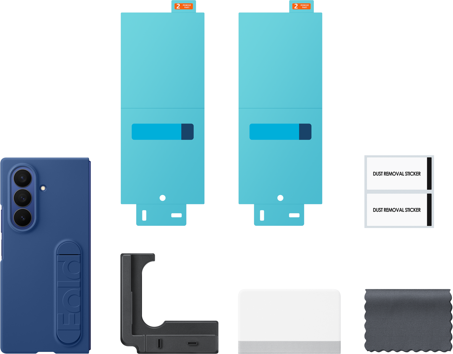 Una custodia blu per telefono, due protezioni schermo blu, adesivi per la rimozione della polvere, un supporto, un oggetto bianco e grigio e un panno per la pulizia su sfondo nero.