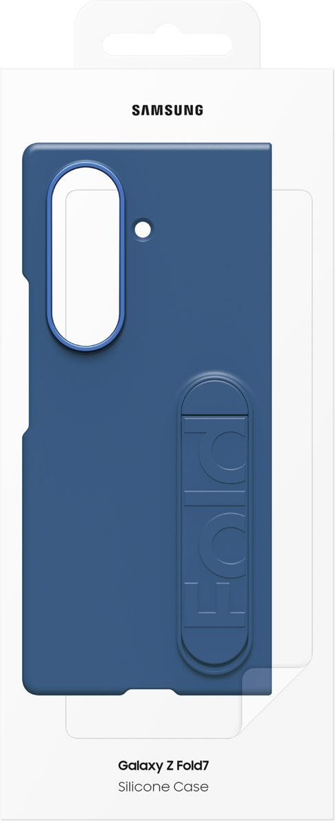 Custodia in silicone Samsung Galaxy Z Fold7 in confezione. La custodia è blu scuro, con un supporto ad anello e la parola 'FOLD'.