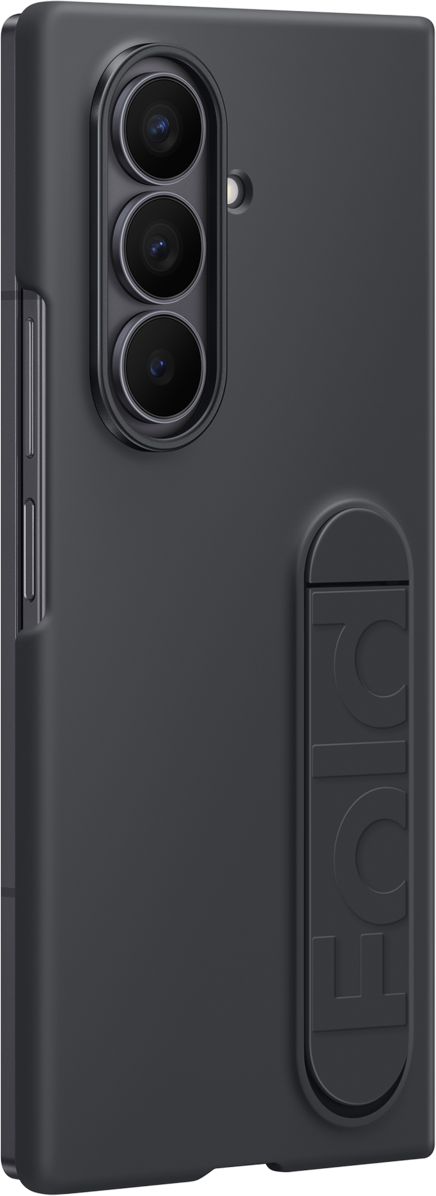 Custodia per telefono grigio scuro con tre lenti, un flash e un supporto con la scritta 'FOLD'.