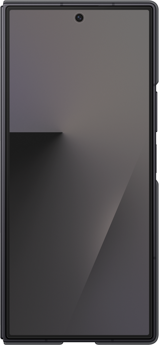 Uno smartphone con schermo grigio scuro e fotocamera in alto. Un'ombra è visibile sul lato sinistro.