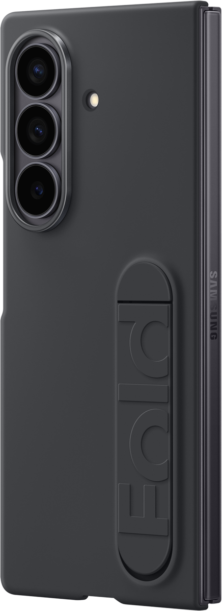 Custodia per telefono grigio scuro con modulo fotocamera e testo 'Fold'. Il logo Samsung è visibile a destra.