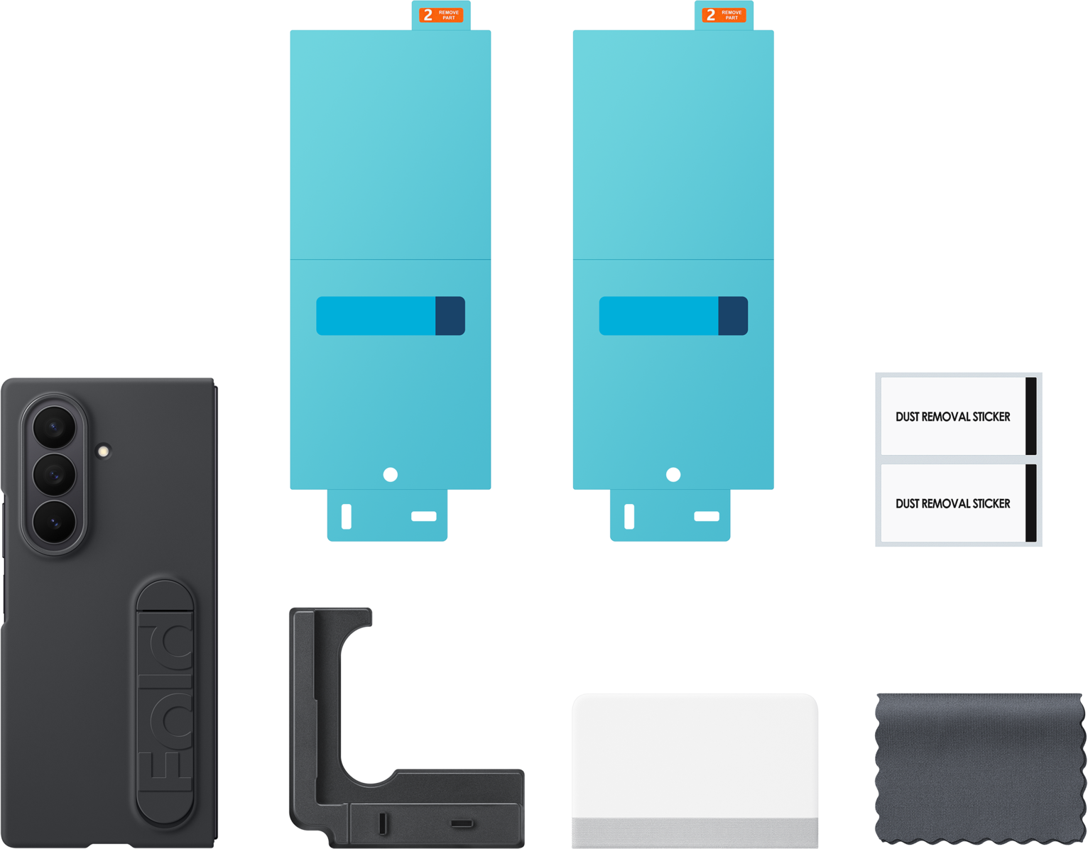 Una custodia nera per telefono, due protezioni schermo, due adesivi rimozione polvere, un supporto per telefono, un tampone bianco e un panno grigio.