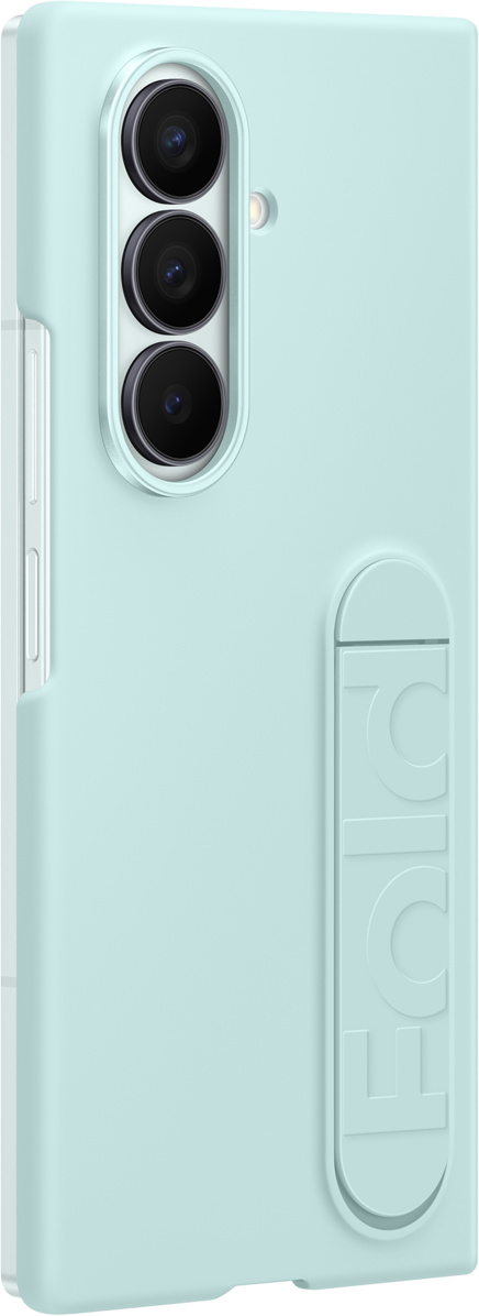 Una custodia per telefono azzurra con tre obiettivi. La parola "FOLD" è in rilievo sul lato.