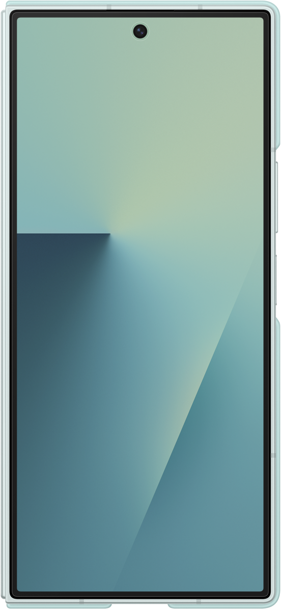 Uno smartphone con uno schermo che presenta un gradiente di blu e verde. Una fotocamera è visibile in alto.