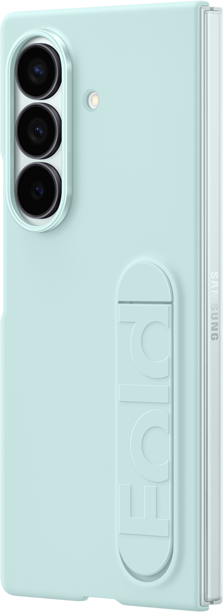 Telefono Samsung azzurro. Ha lenti della fotocamera, impugnatura 'FOLD' e logo Samsung.
