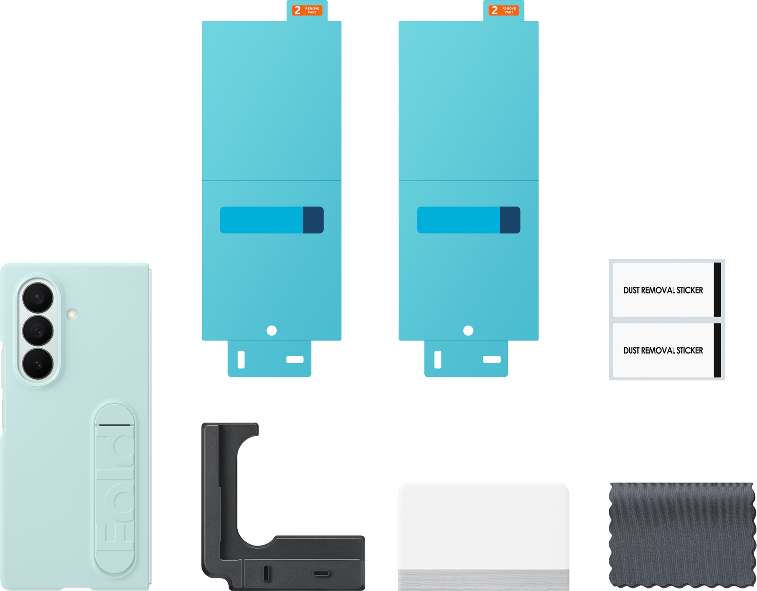 Un'immagine mostra un telefono azzurro, due protezioni schermo blu, due adesivi rimozione polvere, un supporto per telefono, un tampone pulizia e un panno microfibra.