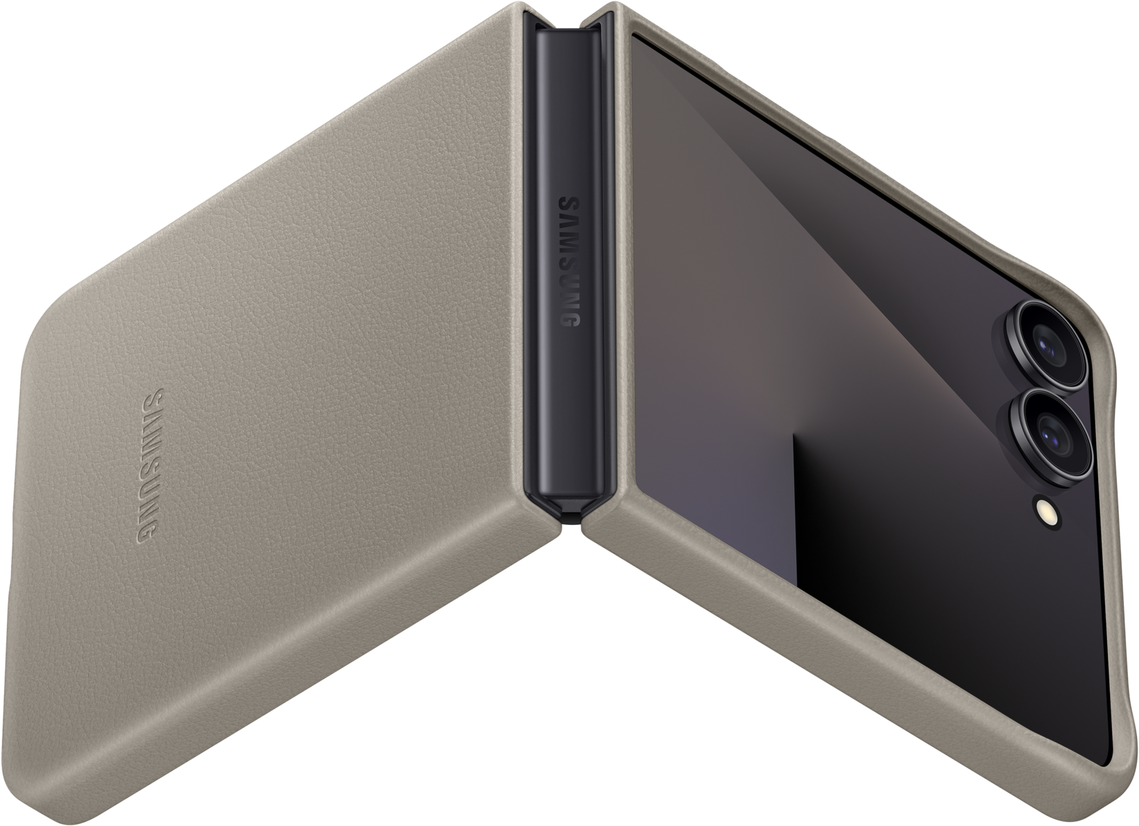 Una custodia per telefono piegata, grigio chiaro. Il logo Samsung è visibile. La fotocamera e lo schermo sono visibili quando aperti.