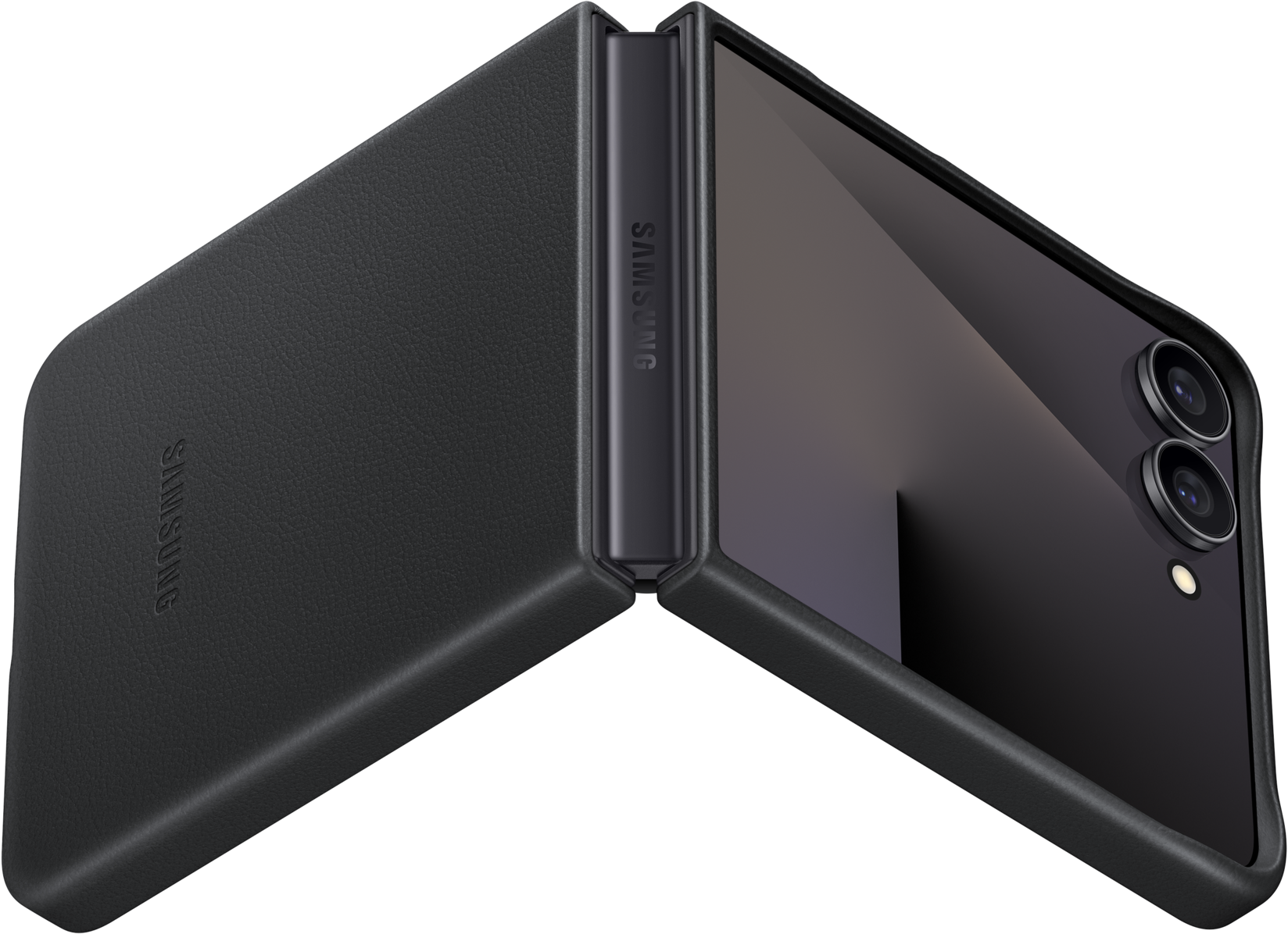 Un telefono pieghevole Samsung nero, parzialmente aperto. La cerniera e la custodia sono testurizzate. Il logo Samsung è visibile.
