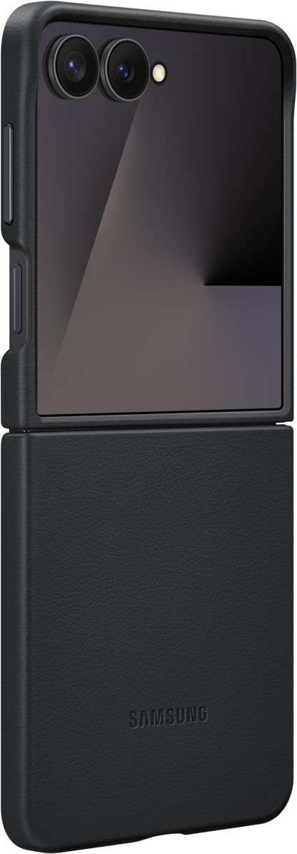 Telefono Samsung nero. Il telefono è piegato. Sono visibili due obiettivi della fotocamera. La custodia è strutturata.