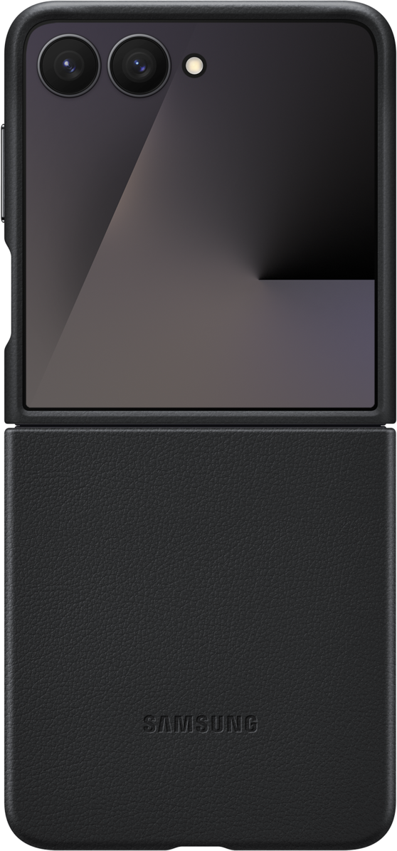 Telefono Samsung nero pieghevole. La parte superiore ha fotocamere e schermo. La parte inferiore è in similpelle con logo.