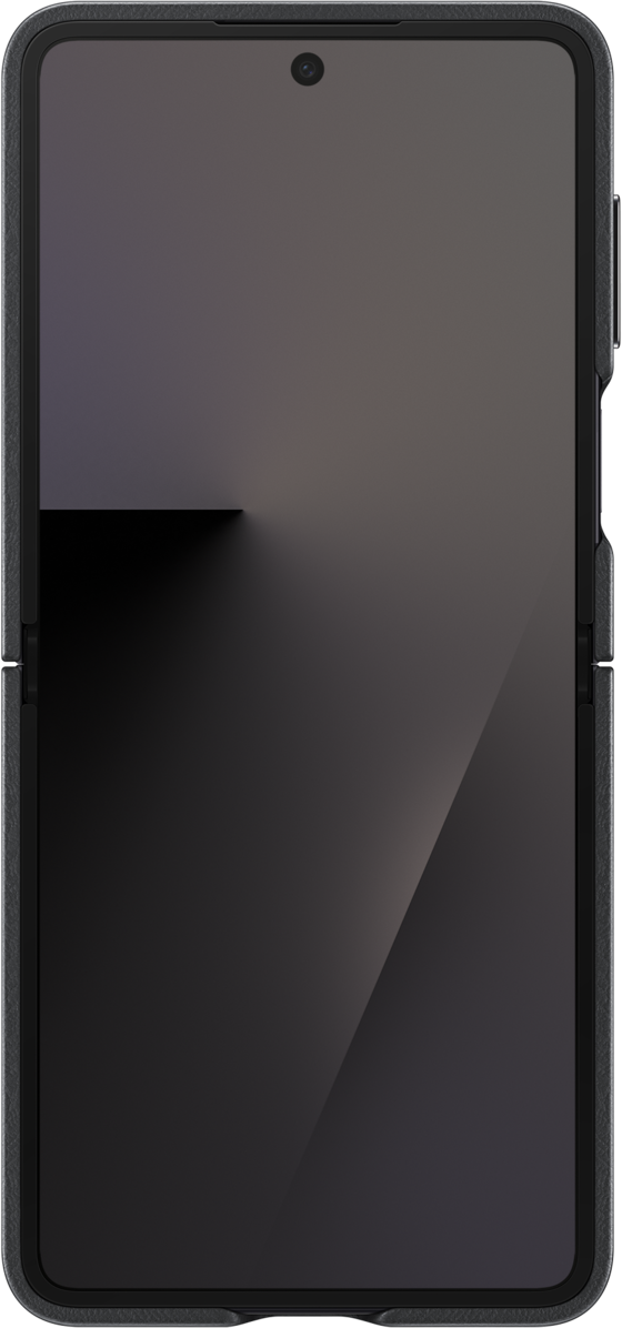 Uno smartphone piegato in una custodia grigio scuro. Lo schermo mostra una sfumatura da grigio scuro a grigio chiaro.
