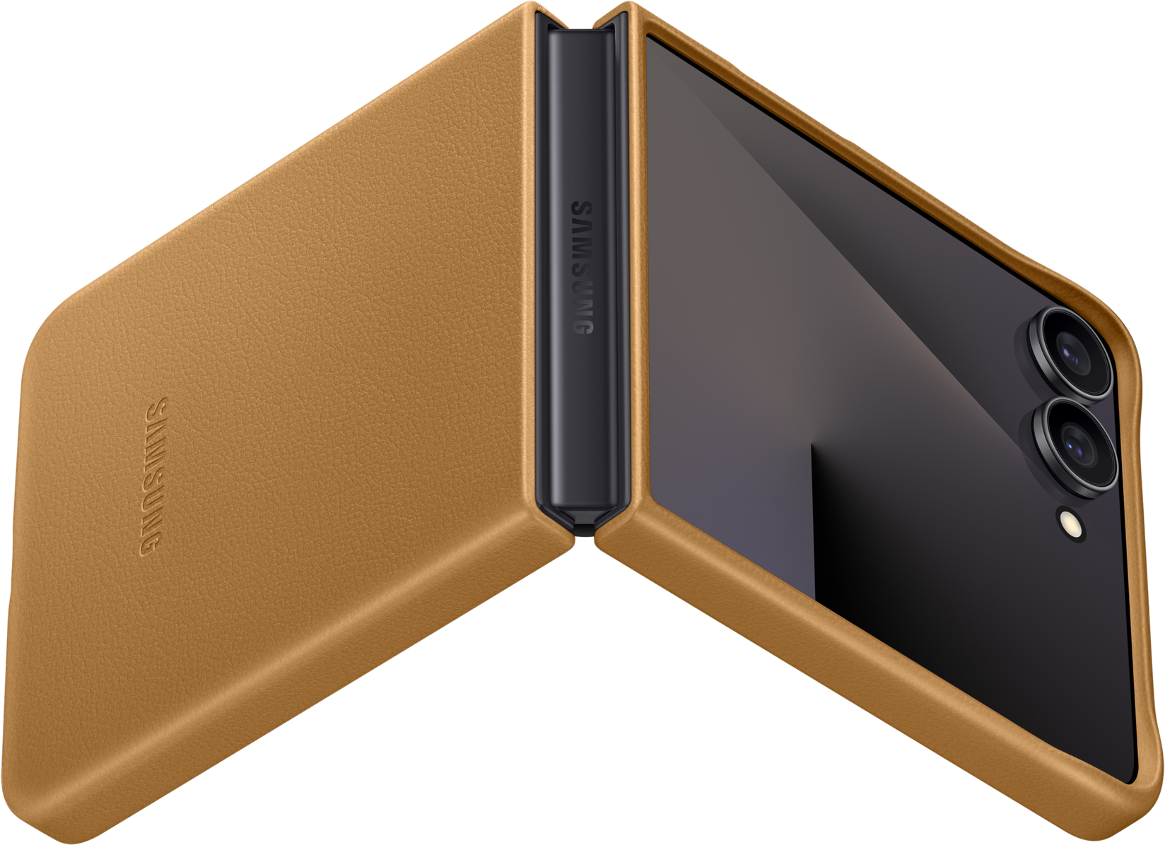 Una custodia marrone per telefono Samsung, aperta e parzialmente piegata, con il logo Samsung visibile. Lo sfondo è nero.