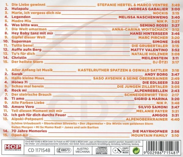 CD-Cover mit Titelliste. Künstler und Songtitel sind aufgelistet. Die Disc befindet sich in der Mitte, mit Barcode und Copyright-Details unten.