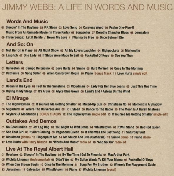 Text auf beigem Hintergrund listet Songtitel von Jimmy Webb auf. Kategorien sind Words and Music, Land's End und Live at the Royal Albert Hall.