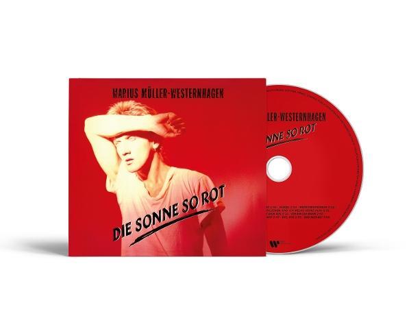 Albumcover von Marius Müller-Westernhagen, betitelt 'Die Sonne So Rot'. Zeigt einen Mann mit Hand über den Augen, rotem Hintergrund und CD.