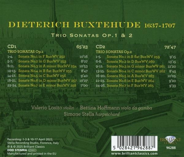 CD-Cover mit Text über Dieterich Buxtehudes Triosonaten, mit Stadtlandschaft im Hintergrund und Logo.