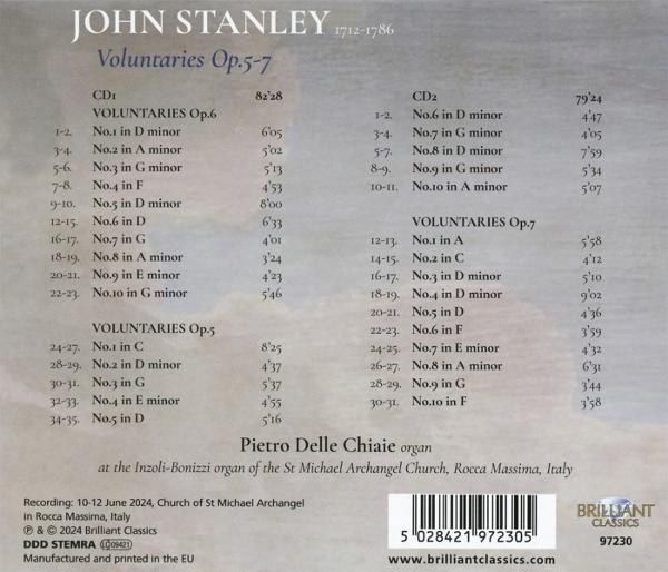 CD-Cover mit musikalischen Kompositionen von John Stanley. Listet Details der Stücke, Zeiten und Organist Pietro Delle Chiaie.