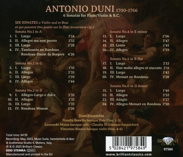 CD-Cover mit Text über Antonio Dunis Sonaten. Es listet die Titel und Interpreten mit klassischem Kunsthintergrund auf.