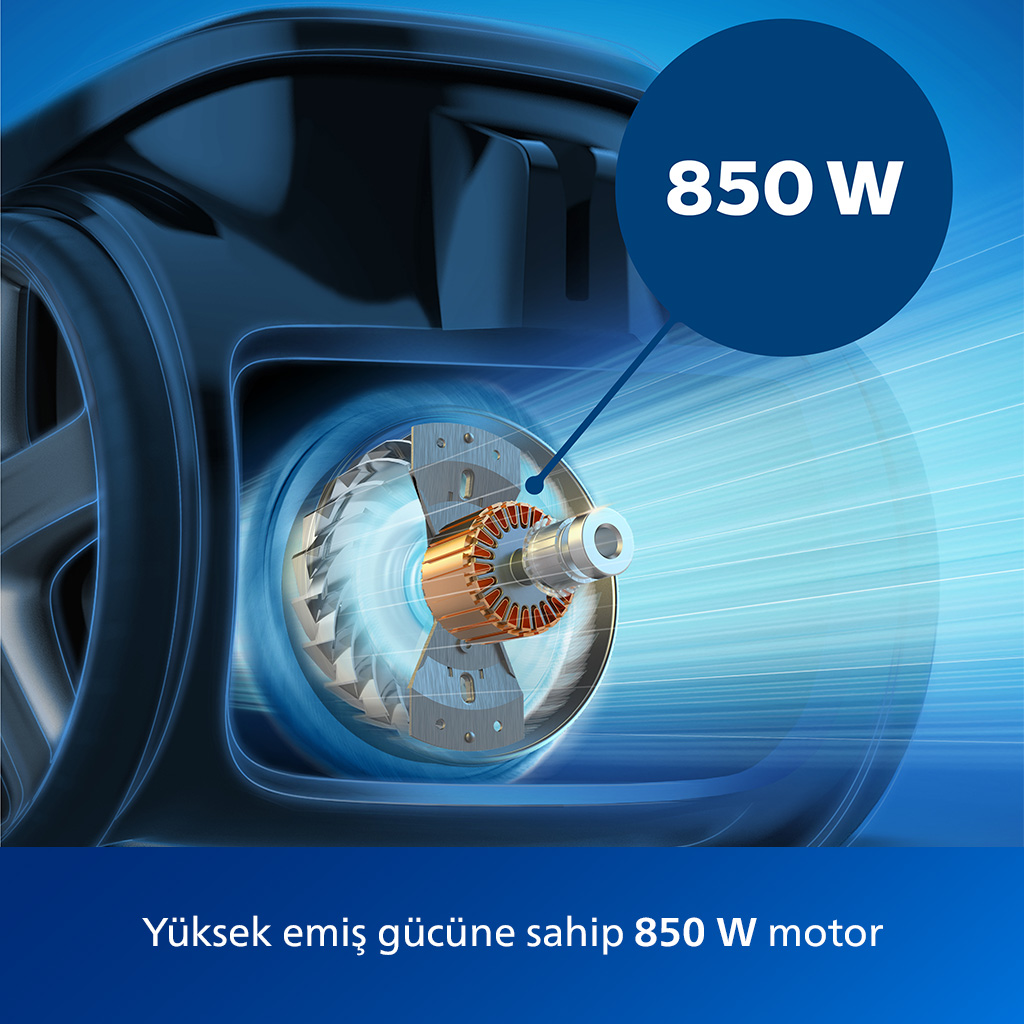 850W güç göstergeli elektrik süpürgesi motor detayı. Motor bakır renkli. Arka plan mavi ve beyaz çizgili.