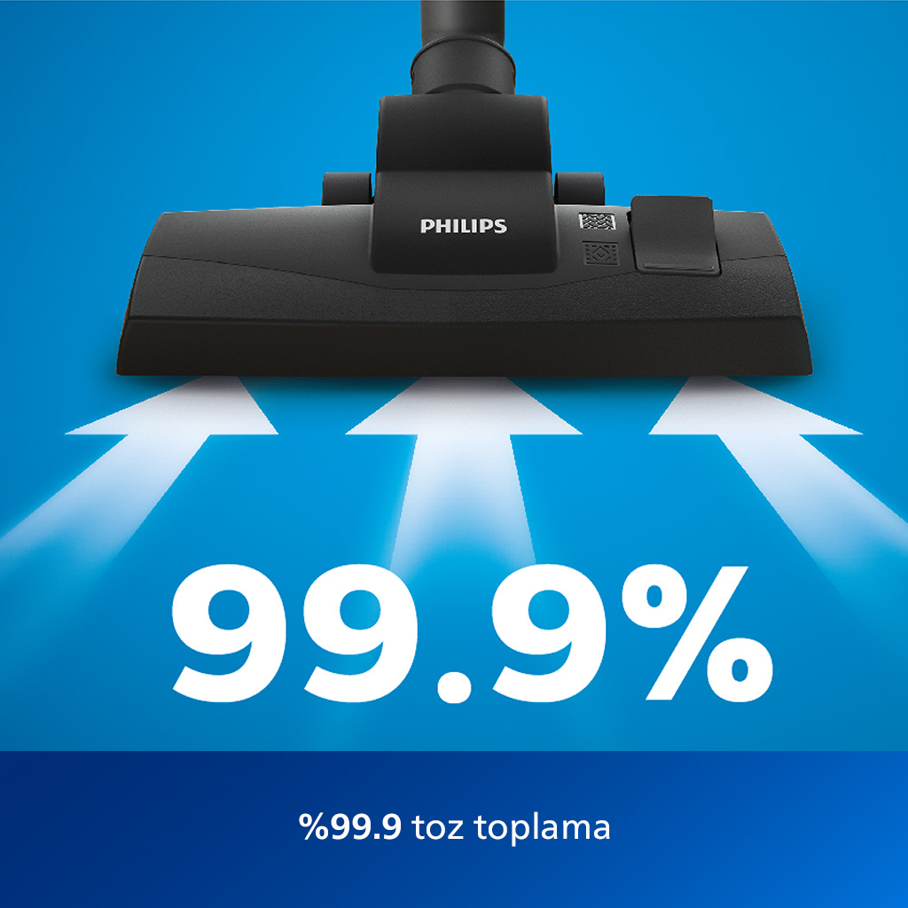 Yukarıya doğru beyaz oklarla siyah Philips elektrikli süpürge. '%99,9' ve '%99,9 toz toplama' görüntüleniyor.