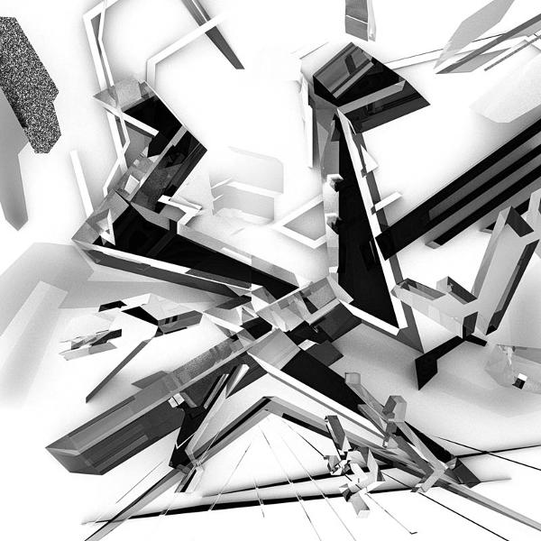 Abstrakte schwarz-weiße geometrische Formen auf weißem Hintergrund. Fragmentierte Formen erzeugen Tiefe und Dynamik.