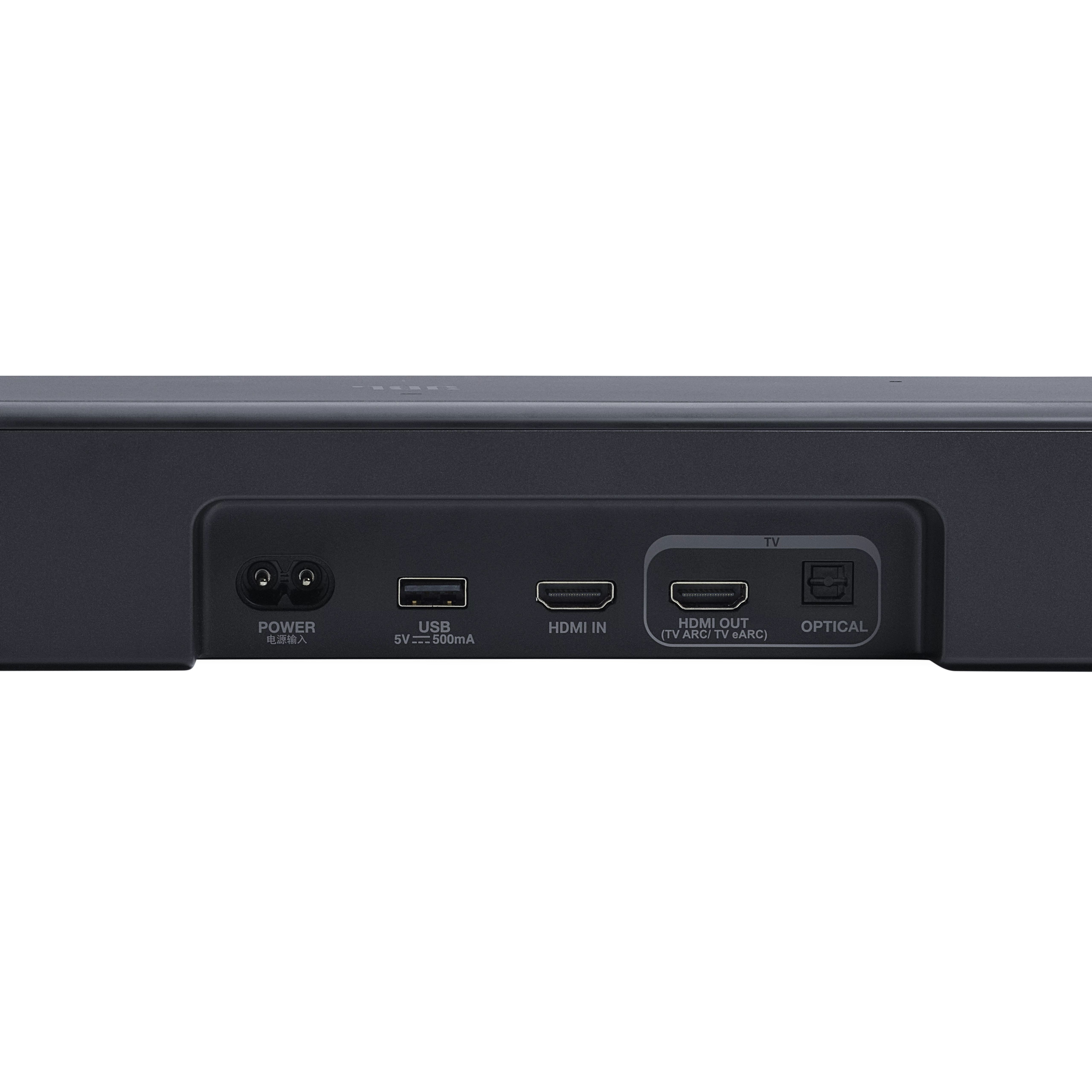 Siyah bir soundbar'ın arka panelinin yakın çekimi. Görünür bağlantı noktaları: güç, USB, HDMI giriş/çıkış ve optik. Etiketler İngilizce ve Çince.