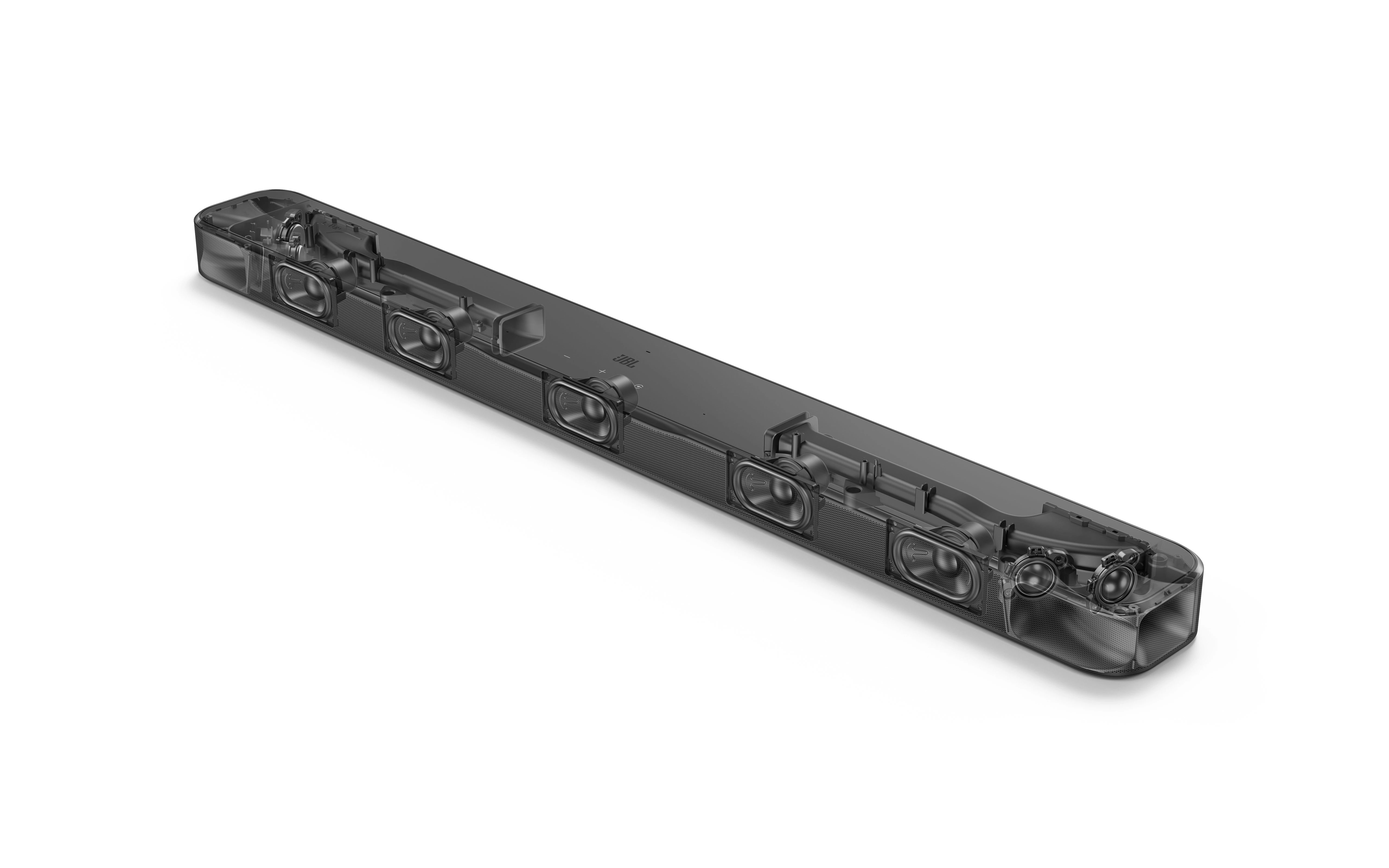 İç hoparlörleri ve bileşenleri gösteren kesitlere sahip siyah bir soundbar, beyaz bir arka plan üzerinde.