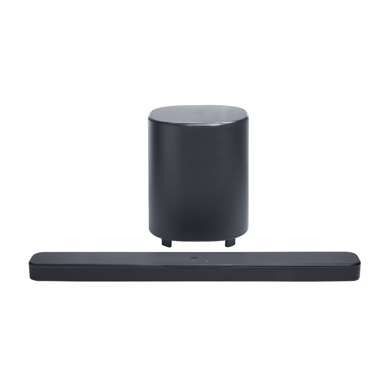 Siyah bir arka plan üzerinde bir soundbar ve subwoofer. Soundbar, silindirik bir subwoofer'ın altında.