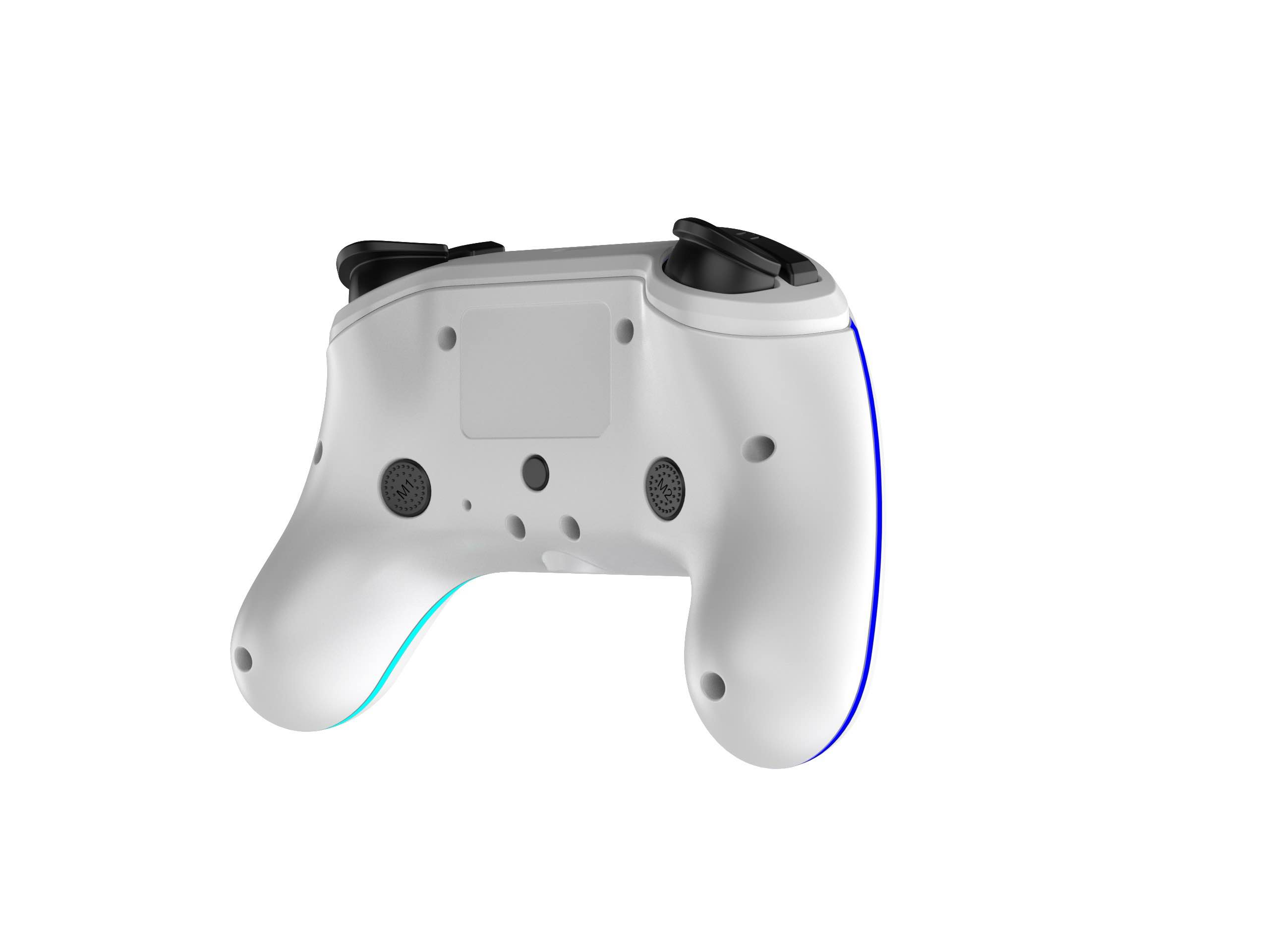 Beyaz bir gamepad, siyah düğmeler ve kenarında mavi/açık mavi bir vurgu, beyaz arka plan üzerinde izole edilmiş.