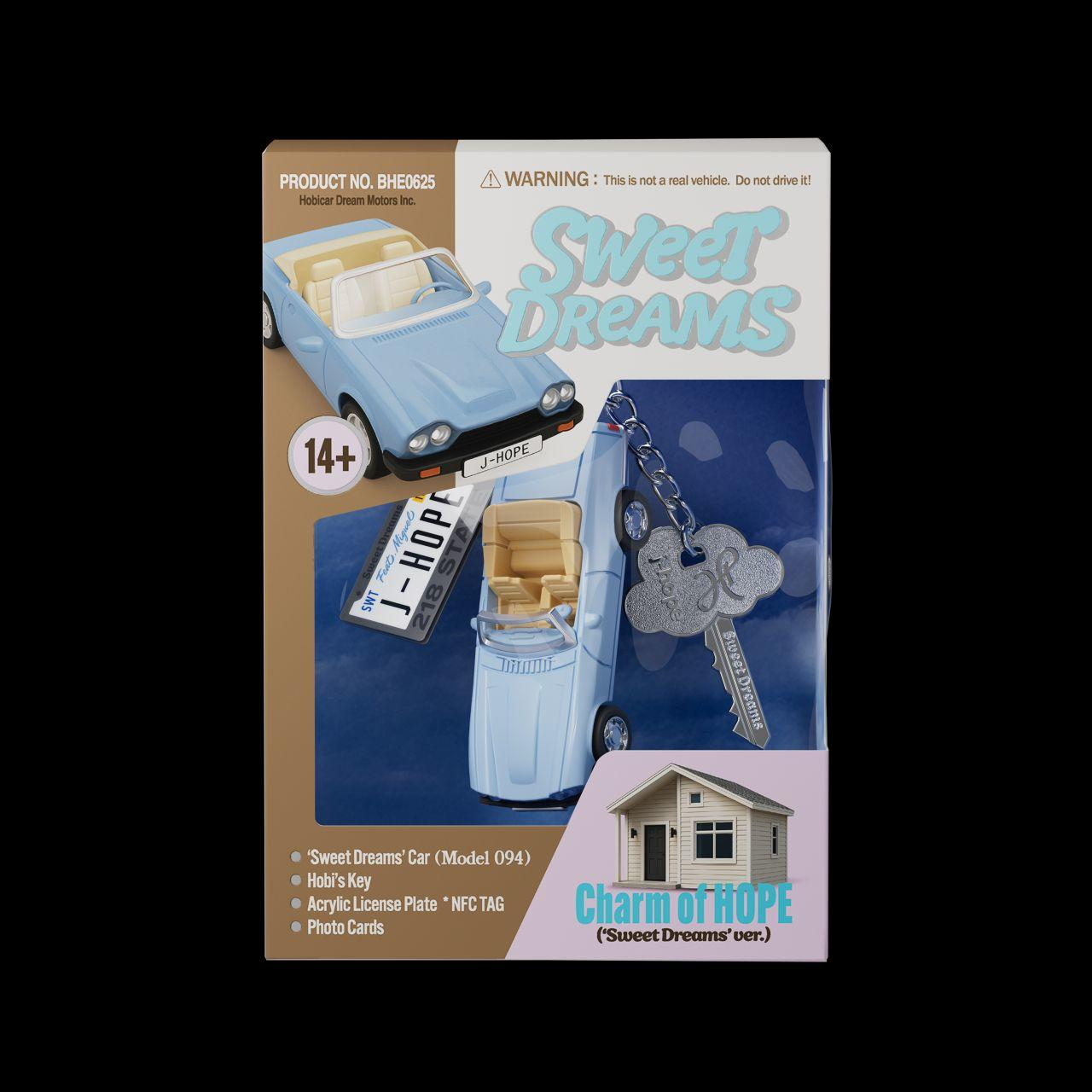 Eine Produktbox zeigt ein Spielzeugauto, Schlüsselanhänger und einen Hausanhänger, alles zum Thema "Sweet Dreams" und "J-Hope".
