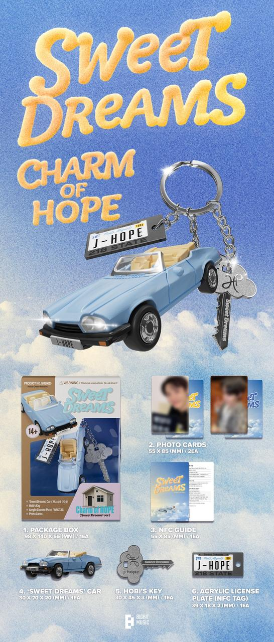 Werbebild mit blauem Spielzeugauto, Schlüsselanhänger, Schlüssel und Verpackung mit der Aufschrift 'Sweet Dreams' und 'J-Hope'.