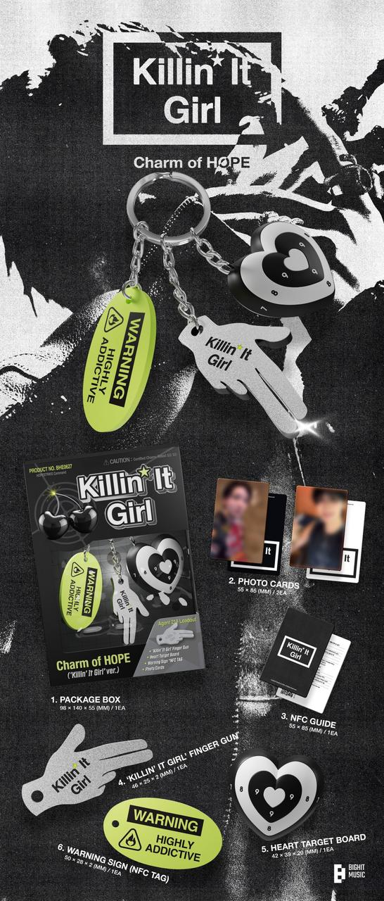 Werbebild für Killin It Girl, mit einer Verpackungsbox, einem Schlüsselanhänger, Fotokarten und anderen Waren.