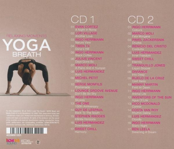CD-Cover. Eine Person in Yogapose. Listet Songs von zwei CDs auf. Text: Yoga Breath, Relaxing Moments. Rosa Hintergrund.