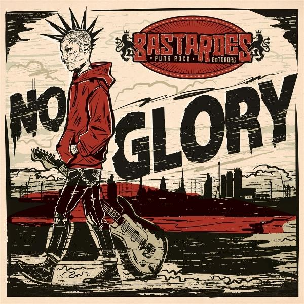 Ein Punkrocker mit Irokesenschnitt und rotem Kapuzenpullover, der eine Gitarre hält. Im Hintergrund ist eine Stadtsilhouette mit den Worten 'No Glory' zu sehen.
