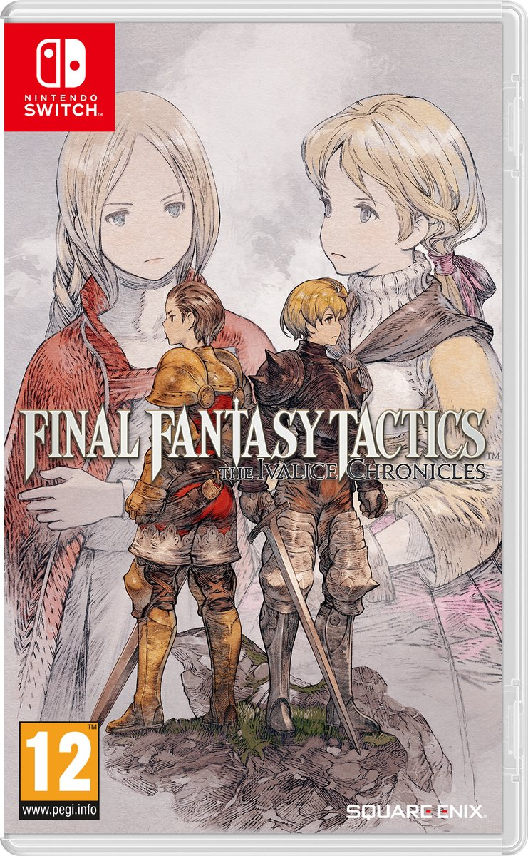 Final Fantasy Tactics game cover. Twee gepantserde figuren met zwaarden staan voor twee geschetste vrouwen. Nintendo Switch-logo bovenaan.