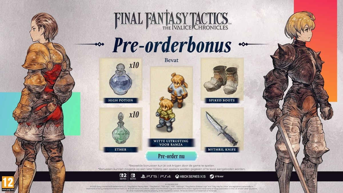 Game-advertentie met twee gepantserde figuren, bonusitems en game-logo's. Tekst: Final Fantasy Tactics, pre-order bonus. Items zijn onder meer drankjes en laarzen.