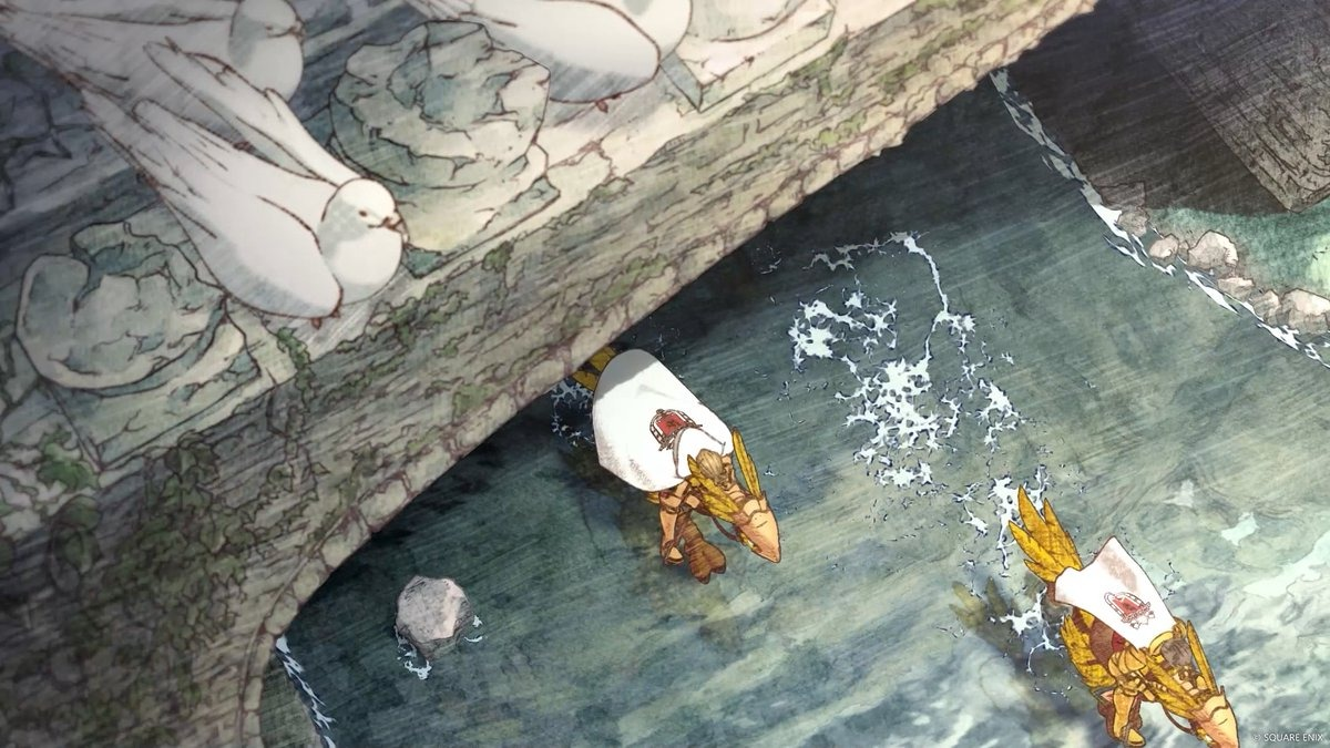 Een illustratie toont een brug met duiven. Twee figuren zitten in het water en berijden wezens. Het water stroomt en de scène is buiten.