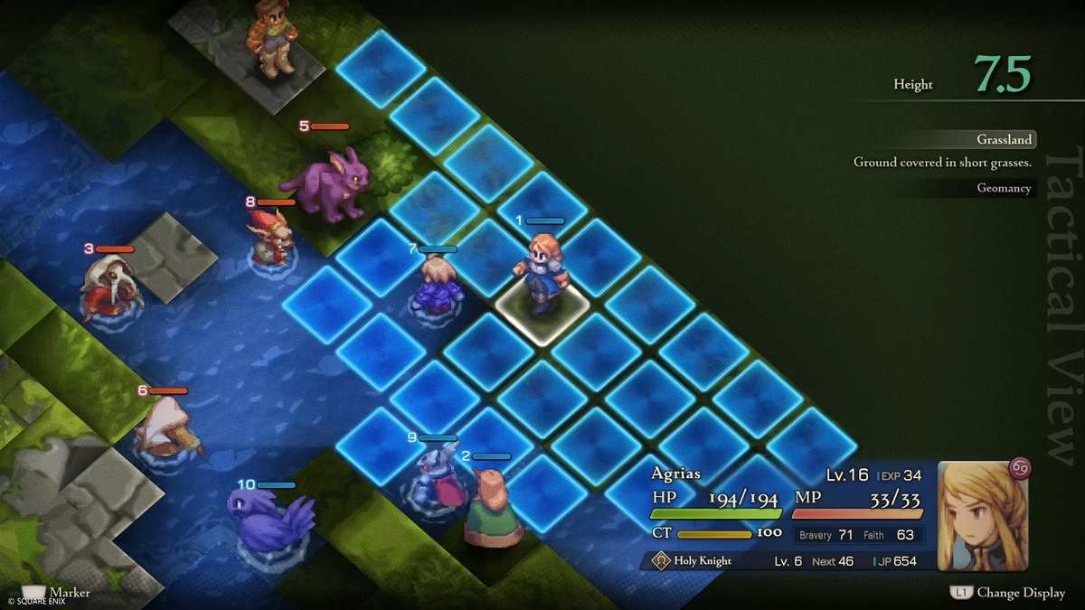 Een tactische RPG-gamescene. Personages zijn op een raster geplaatst. Grasland, water en verschillende fantasie-wezens zijn zichtbaar.