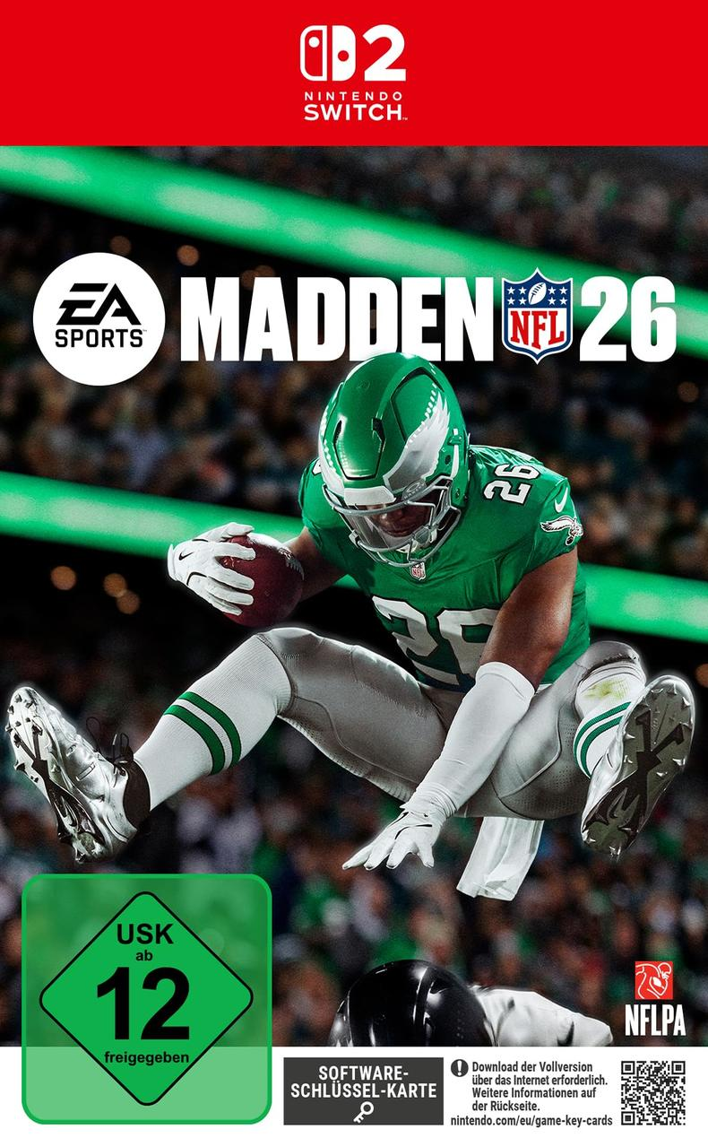 Madden NFL 26 Videospiel-Cover. Footballspieler in grünem Trikot, hält einen Ball. Nintendo Switch Logo oben.