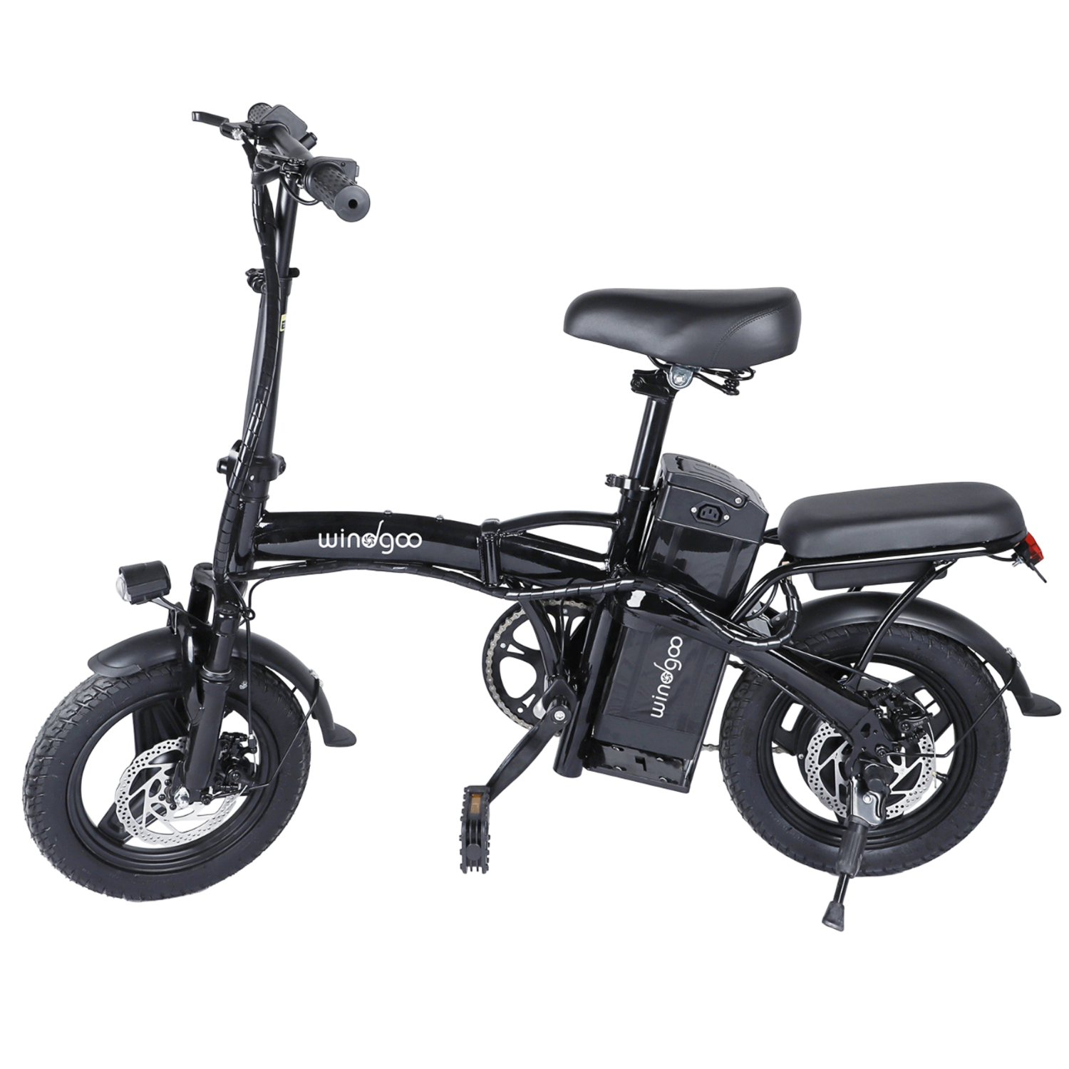 A black folding electric bicycle with 'windgoo' branding. It has disc brakes, a black seat, and a battery pack mounted on the frame.