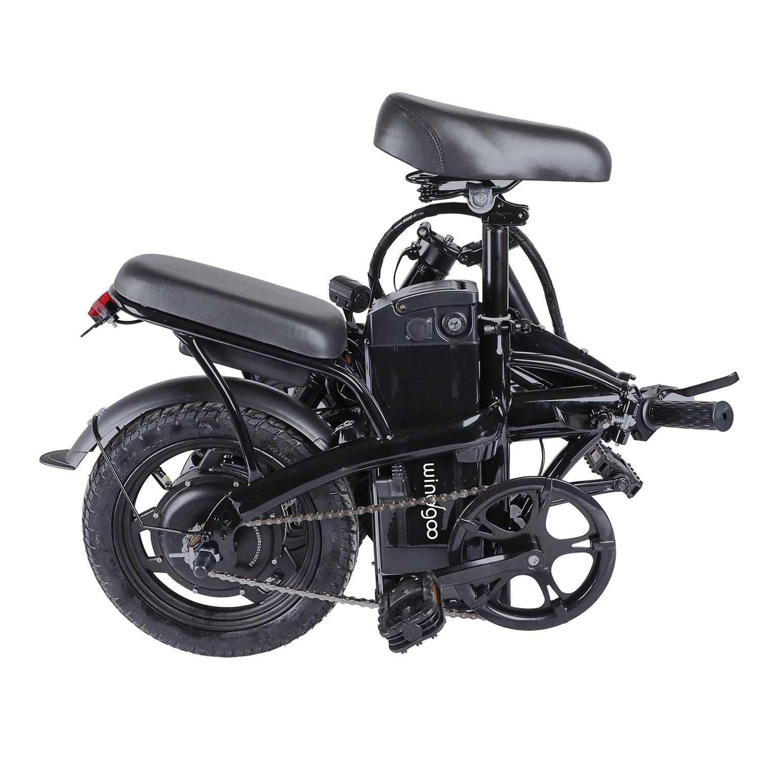 A black Winigoo folding electric bicycle is shown. It has two seats, a chain, pedals and a battery pack. The background is white.