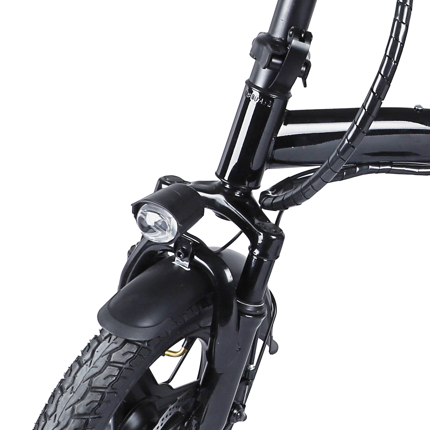 Close-up of a black e-bike front. Visible are the front tire, fender, headlight, and handlebar stem against a white background.