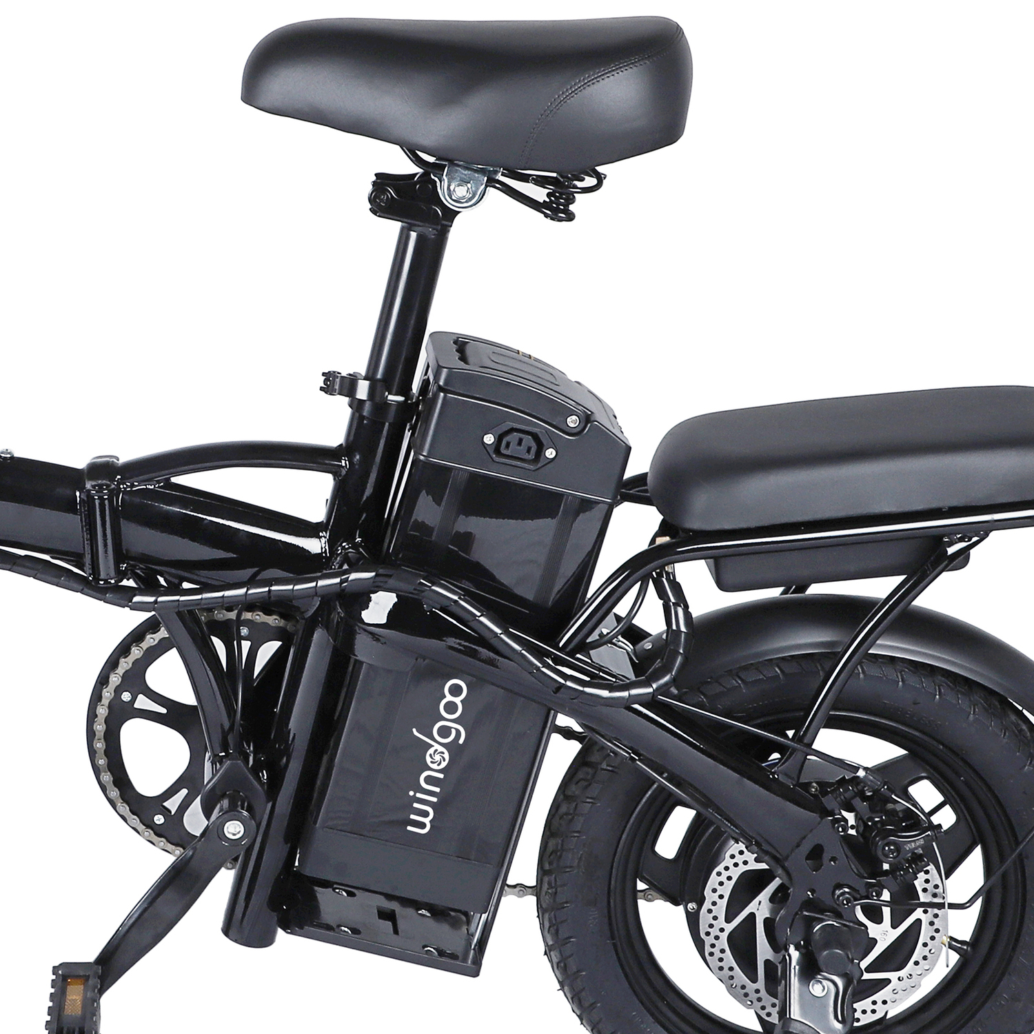 Black electric bike with seat, battery, and wheel. Features the brand "wingoo." Shows the rear wheel, chain, and brake details.