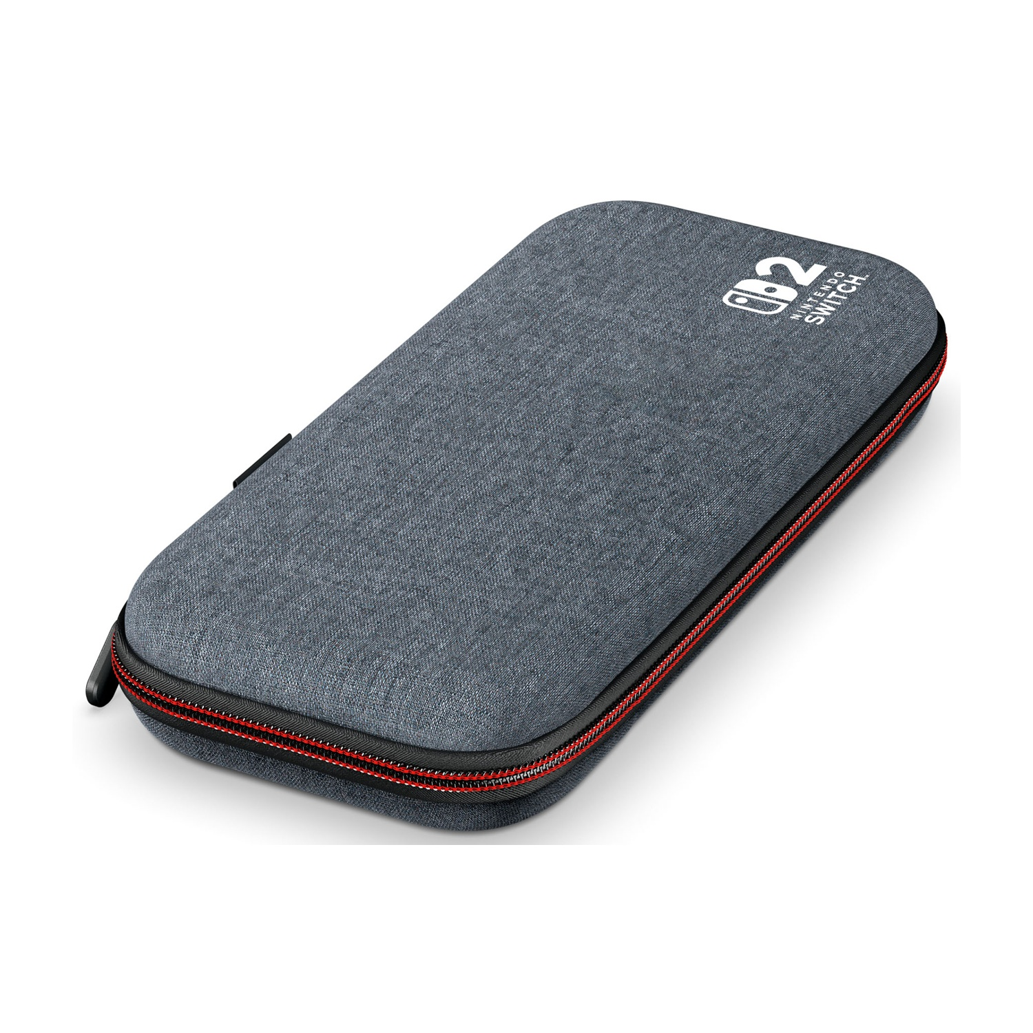Una custodia per Nintendo Switch, blu-grigio con cerniera rossa. Il logo Nintendo Switch è in alto a destra.