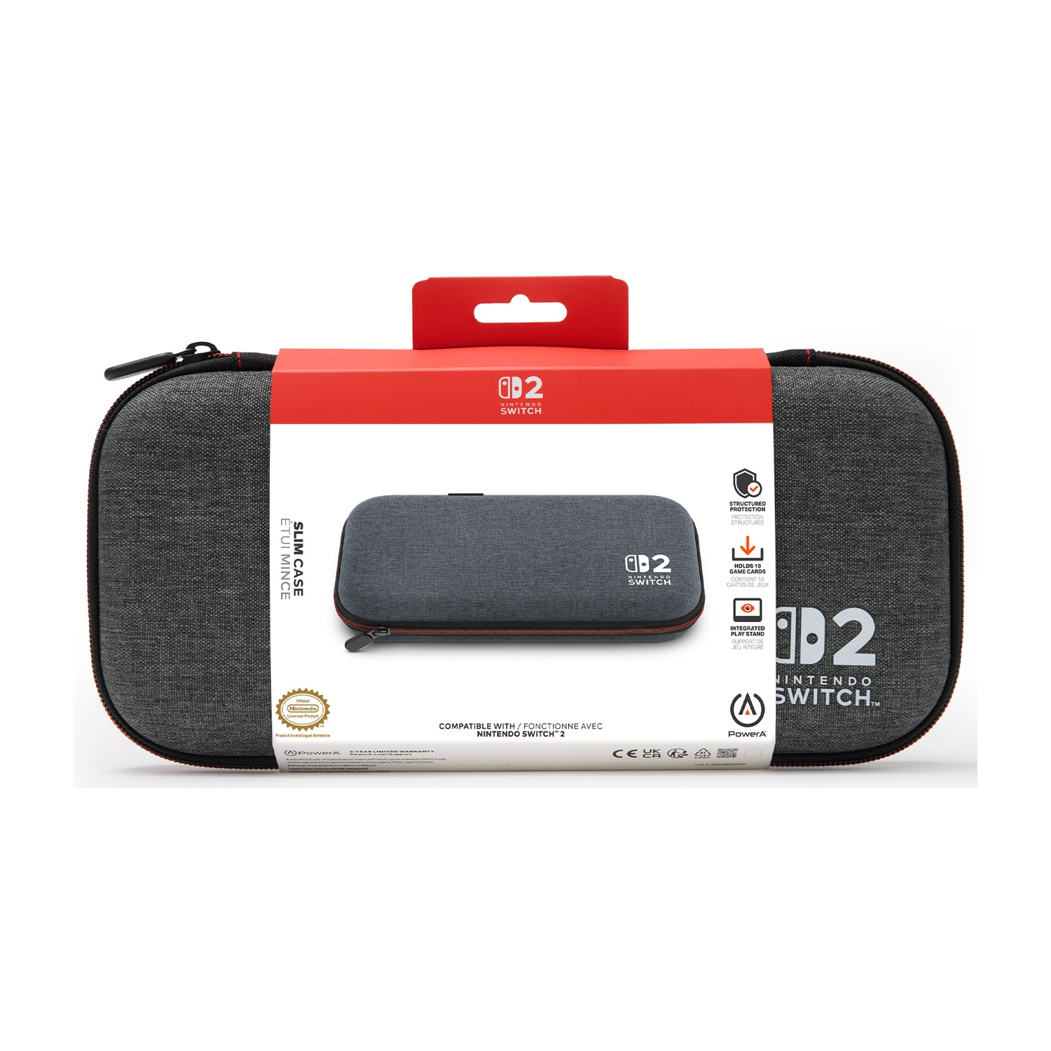 Viene mostrata una custodia sottile per Nintendo Switch, con un design rosso e nero. La confezione presenta in modo prominente il logo Nintendo Switch.