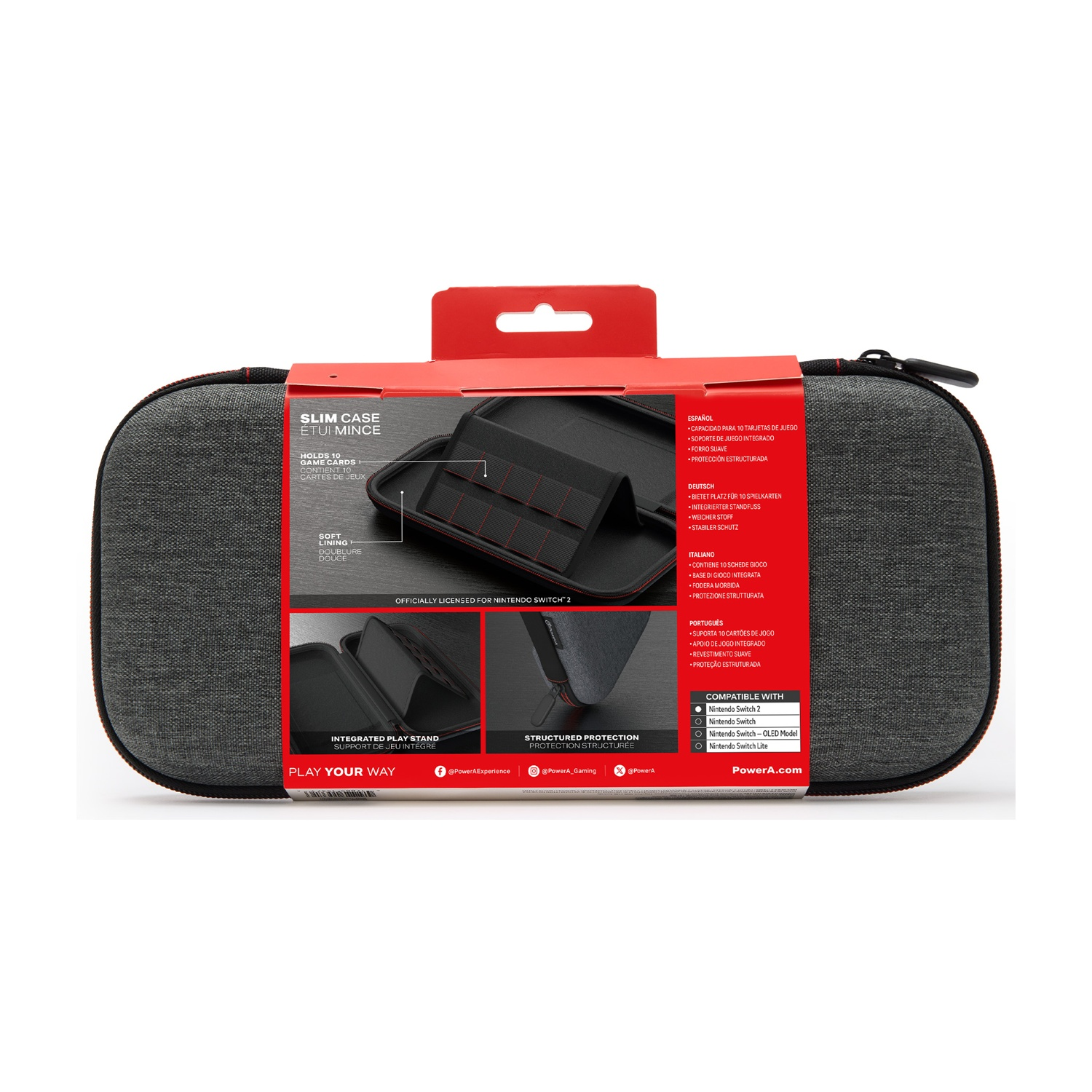 È esposta una custodia per Nintendo Switch, che mostra l'interno aperto e l'imballaggio esterno con dettagli sulle funzionalità e sulla compatibilità.