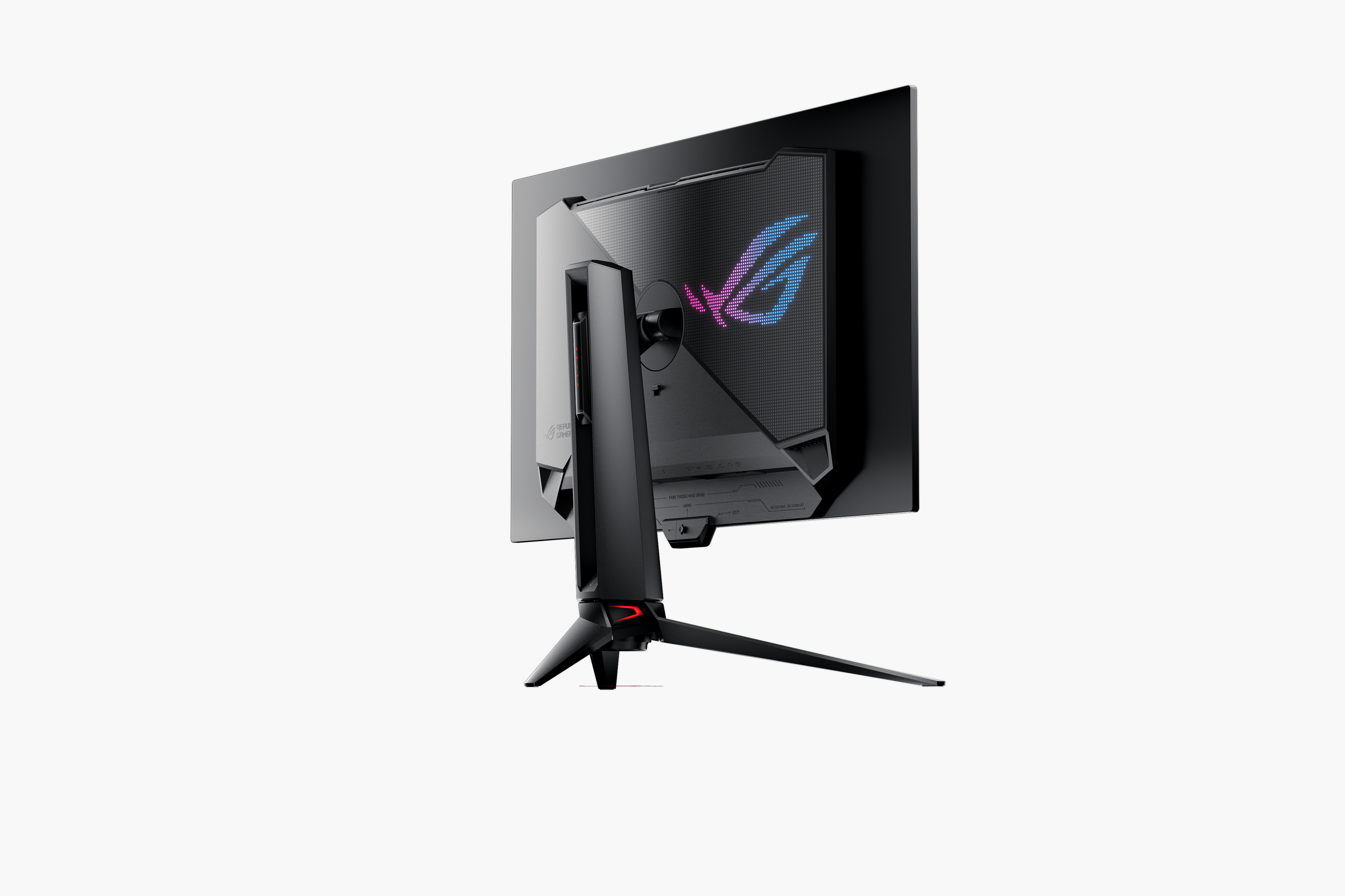 Ein schwarzer Gaming-Monitor auf weißem Hintergrund, abgewinkelt, um die Rückseite zu zeigen. Er hat ein Logo und einen Ständer.
