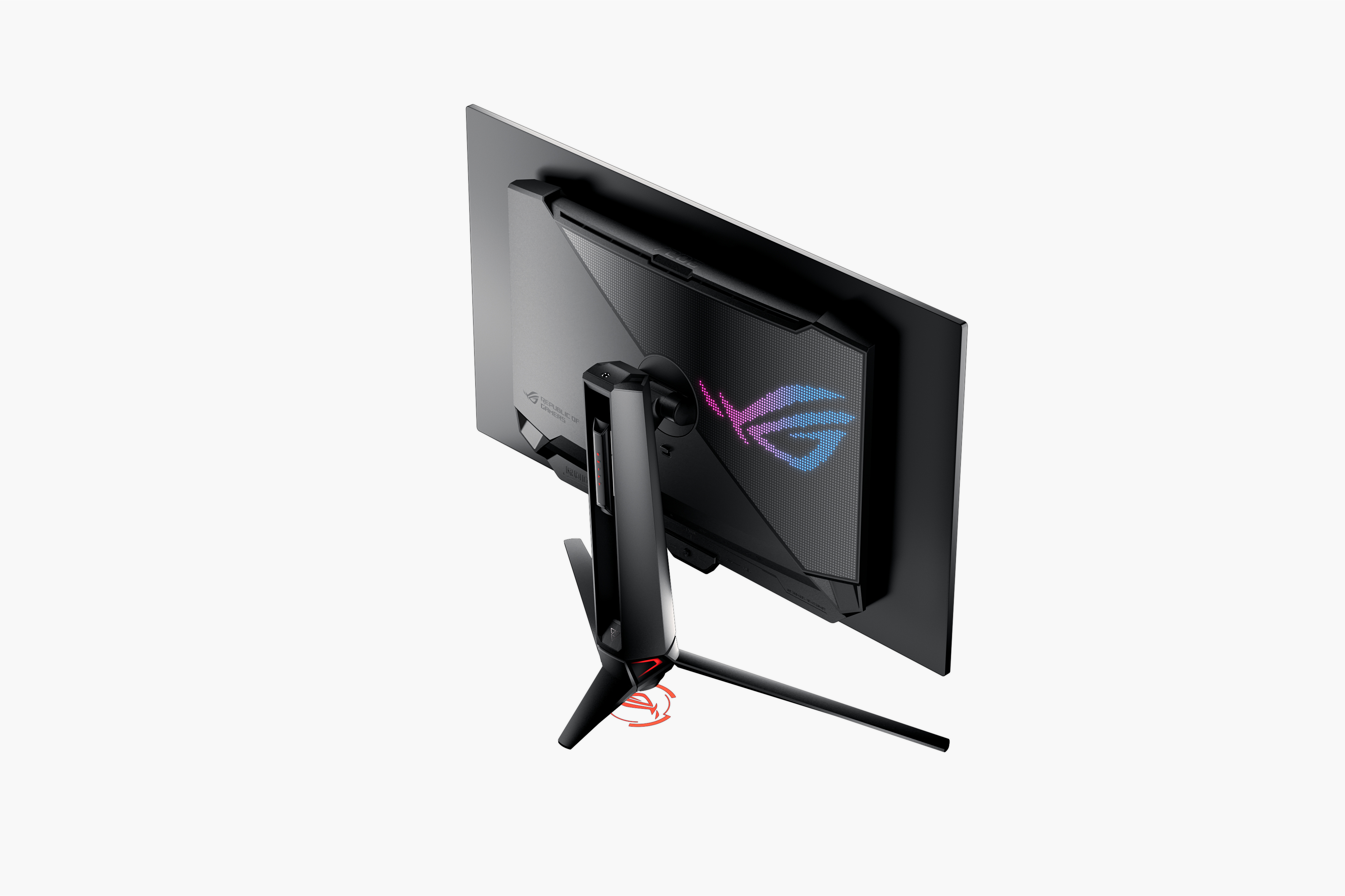 Ein schwarzer Computermonitor, dessen Rückseite zur Kamera zeigt. Der Ständer und das Logo sind sichtbar.
